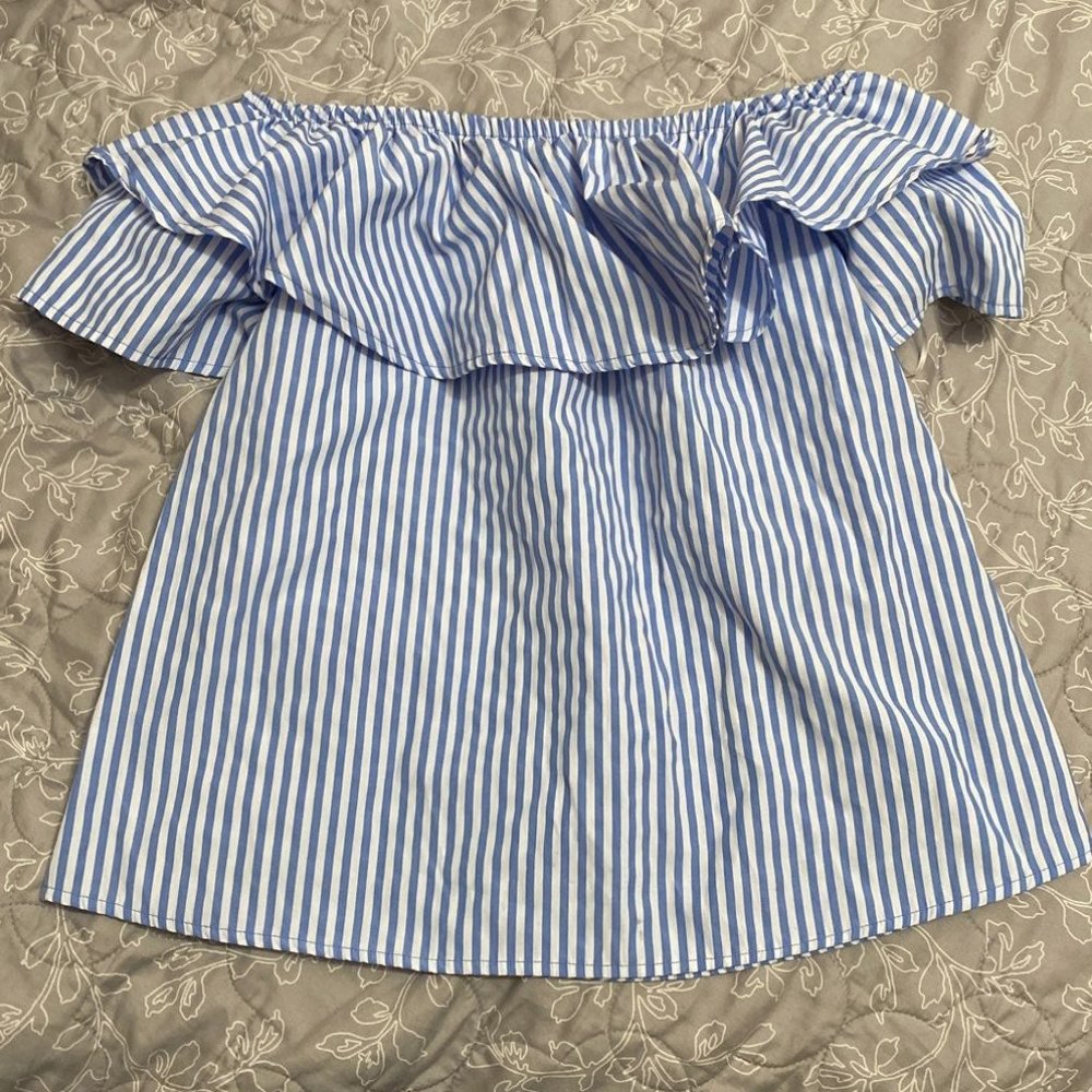 Blue striped off the shoulder blouse